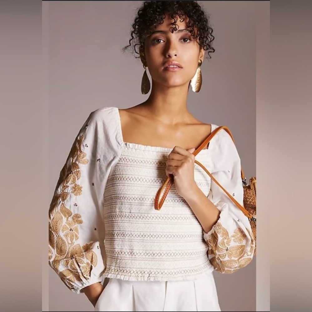 Anthropologie Embroidered Smocked Peasant Top M Boho Cottagecore Blouse